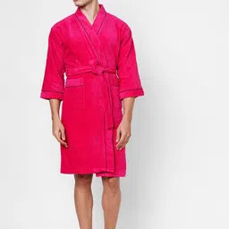 SPACES Men Fuchsia Solid Pure Cotton 380GSM Quick Dry Ultra Soft Bath Robe-2