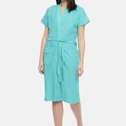 GOLDSTROMS Sea-Green Knee-Length Tie-Up Detail Cotton Bath Robe-image-60