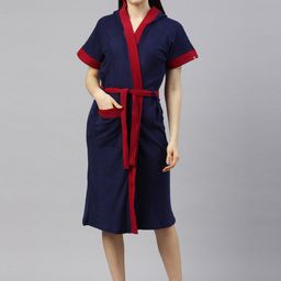 GOLDSTROMS Women Navy-Blue & Red Solid Bath Robe-14