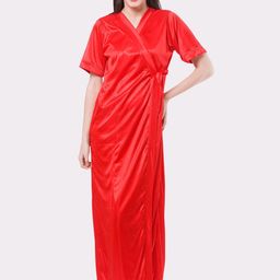 Fasense Women Red Solid V-Neck Maxi Robe-image-78