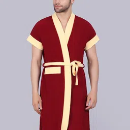 POORAK Men Maroon & Yellow Short Sleeves Terry Bath Robe-image-4
