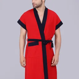 POORAK Men Red & Navy Blue Short Sleeves Terry Bath Robe-image-80
