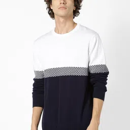 Celio Men Navy Blue & White Colourblocked Pullover Sweater-image-81