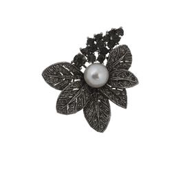 LUCKY JEWELLERY Rhodium-Plated Grey Melange Stone-Studded & Beaded Brooch-image-54