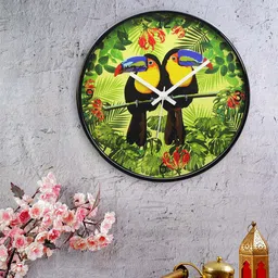 KOLOROBIA Green & Black Round Tropical Toucan Printed 30.4 cm Analogue Wall Clock-image-1