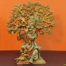 PujaNPujari Gold-Toned Krishna Sitting Under A Tree With Peacock Idol Showpiece-image-43
