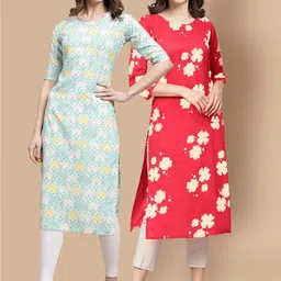 KALINI Women Pack of 2 Blue & Red Floral Printed Block Print Handloom Crepe Kurta-picture-19