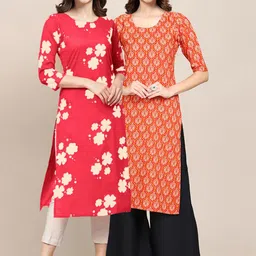 KALINI Women Pack Of 2 Red & Orange Floral Printed Block Print Crepe Kurta-picture-24