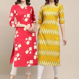 KALINI Women Pack Of 2 Yellow & Coral Printed Crepe Straight Kurta-image-9