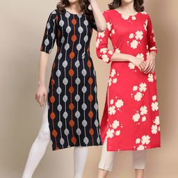KALINI Women Pack Of 2 Black & Coral Printed Crepe Straight Kurta-image-59