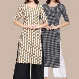 KALINI Women Pack Of 2 Orange &  Blue Printed Straight Crepe Kurta-image-47
