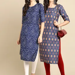 KALINI Women Pack of 2 Block Navy Blue and Blue Print Handloom Crepe Kurta-image-81