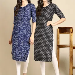 KALINI Women Pack of 2 Black & Blue Printed Handloom Crepe Kurta-image-55