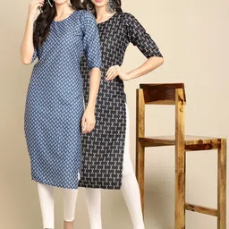 KALINI Women Blue & Black Geometric Block Print Handloom Crepe Kurta-16