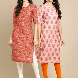 KALINI Women Pack Of 2 Orange & Pink Ethnic Motifs Printed Crepe Kurta-image-60