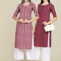 KALINI Women Pack Of 2 Purple Geometric Printed Block Print Crepe Kurtas-image-67