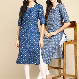 KALINI Women Pack of 2 Blue Block Print Handloom Crepe Kurta-image-50