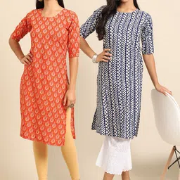 KALINI Set of 2 Women Printed Block Print Handloom Crepe Straight Kurta-image-99