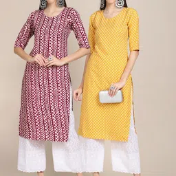 KALINI Women Pack Of 2 Maroon & Yellow Geometric Printed Crepe Kurta-image-68
