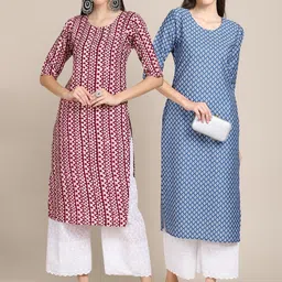 KALINI Women Pack Of 2 Purple & Blue Geometric Printed Block Print Crepe Kurtas-image-60