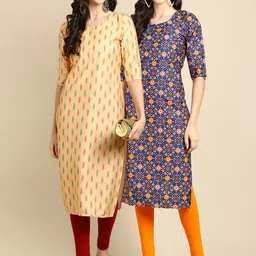 KALINI Women Pack of 2  Cream-Coloured & Blue Ethnic Motifs Printed Crepe Kurta-picture-18