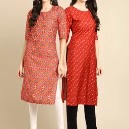 KALINI Women Pack Of 2 Orange & Red Geometric Printed Block Print Crepe Kurtas-image-43