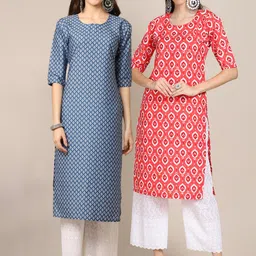 KALINI Women Pack of 2 Blue & Orange Ethnic Motifs Printed Crepe Kurta-image-61