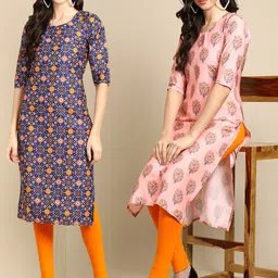 KALINI Women Pack Of 2 Blue & Pink Floral Printed Straight Crepe Kurta-picture-9