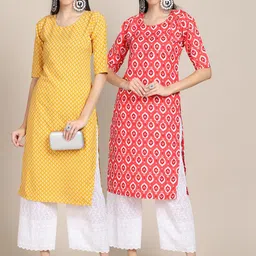 KALINI Women Pack of 2 Yellow & Coral Geometric Printed Crepe Kurta-image-51