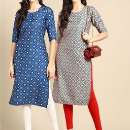 KALINI Women Pack Of 2 Blue & Maroon Geometric Printed Block Print Crepe Kurtas-image-63