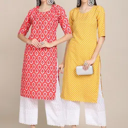KALINI Women Pack Of 2 Peach-Coloured & Yellow Geometric Printed Crepe Kurta-22