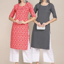 KALINI Women Pack Of 2 Red & Black Geometric Printed Block Print Crepe Kurtas-image-75