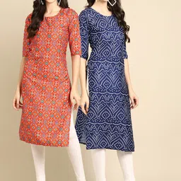 KALINI Women Pack of 2 Red & Blue Bandhani Printed Crepe Kurta-11
