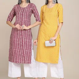 KALINI Women Pack of 2 Yellow & Maroon Geometric Printed Crepe Kurta-image-42