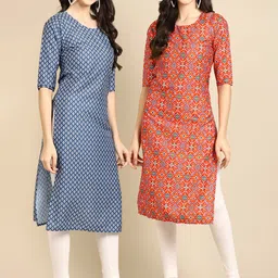 KALINI Women Pack Of 2 Red & Blue Ethnic Motifs Printed Block Print Crepe Kurta-29