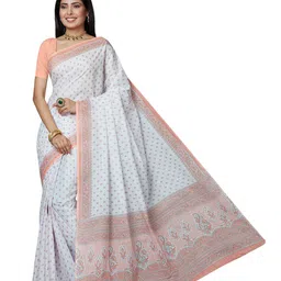 SHANVIKA White & Coral Ethnic Motifs Pure Cotton  Block Print Saree-picture-23