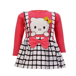 CATCUB Girls Coral & White Checked Hello Kitty Printed Dress-picture-24