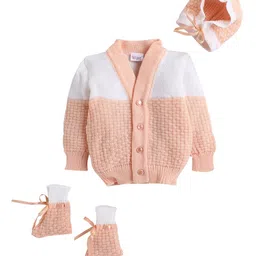 Little Angels Infants Peach-Coloured & White Self Design Sweater with Beanie & Mittens-39