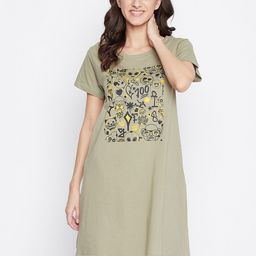 Clovia Women Olive Green Printed Cotton T-Shirt Nightdress With Pocket-image-37