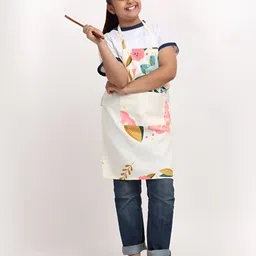 Arrabi Kids Cream Colored & Pink Printed Apron With 2 Patch Pockets-11