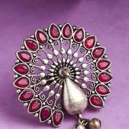 SOHI Women Silver-Plated & Red Stone Studded Peacock Ring-18