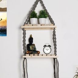 Decazone Beige & Black Wood Macrame Wall Hanging Shelf-34
