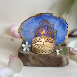 HOMEARTE Blue & Gold-Toned Ganesh Ji Printed Wooden Tea Light Candle Holder-image-80