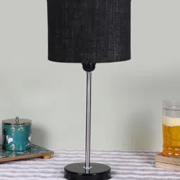 Devansh Unisex Black Textured Cylinder Wooden Contemporary Table Lamp-image-5