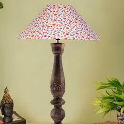 Devansh White & Brown Printed Wooden Traditional Frustum Table Lamp-0