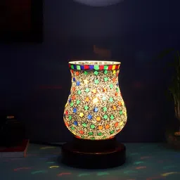 Devansh Multicolored Mosaic Glass Table Lamp With Wooden Base-22