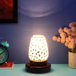 Devansh White & Silver Mosaic glass Table lamp with wood Base-25