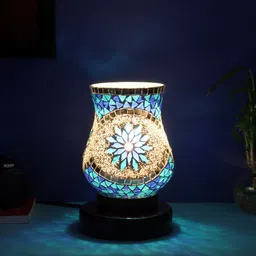 Devansh Blue & Brown Mosaic Glass Table Lamp With Wood Base-47