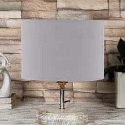 Devansh Grey & White Textured Cotton Table Lamp With Wood Base-36