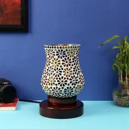 Devansh Multicolor Mosaic Glass Table Lamp with Wood Base image 3